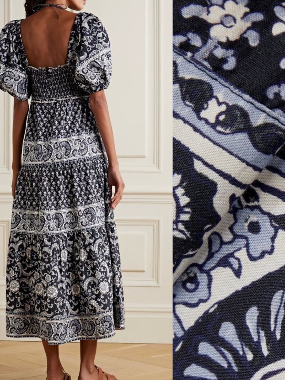 Sea NY Jasper Tiered Maxi Poplin Cotton Dress Puff Sleeve Square Neck Size Large
